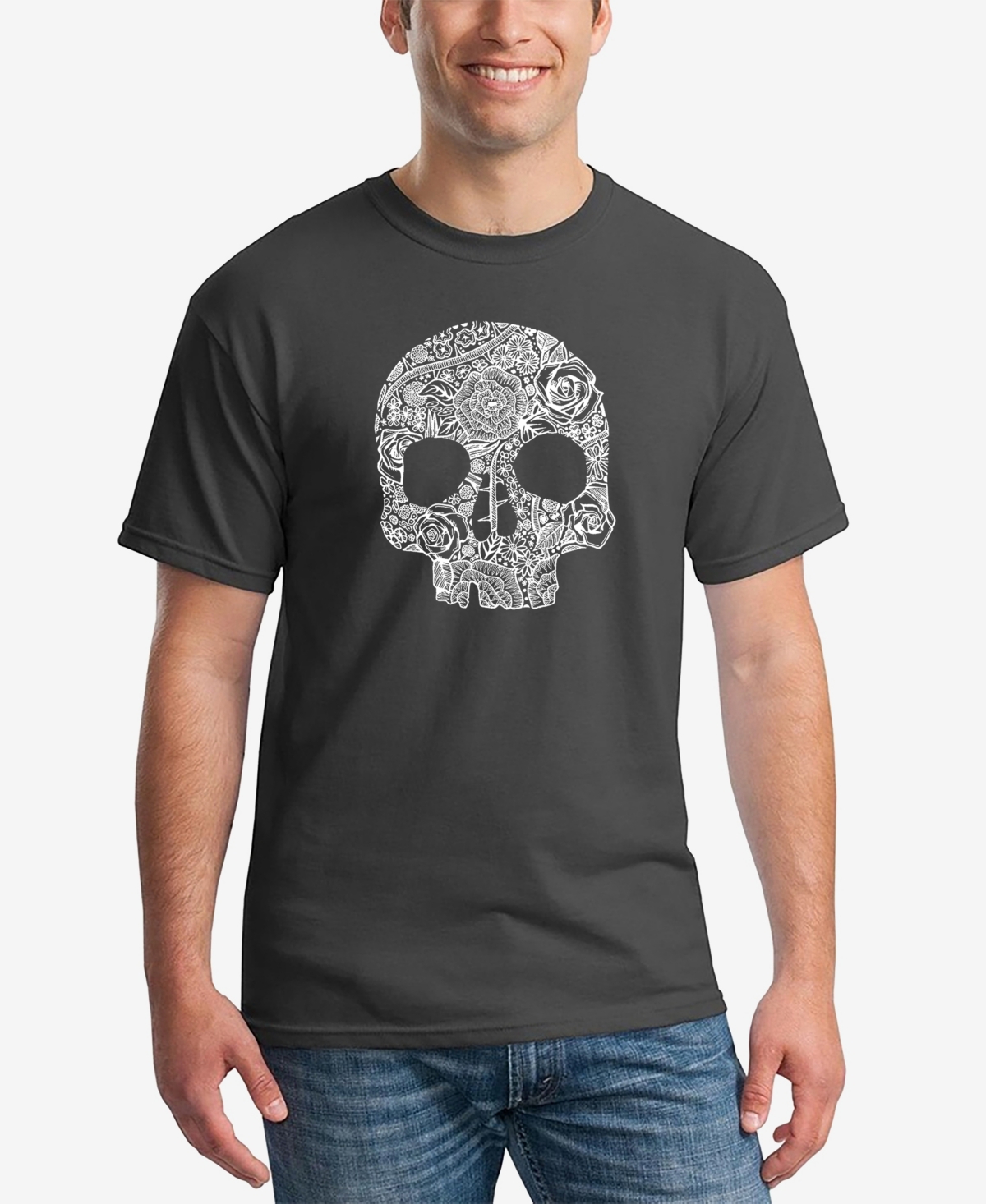 La Pop Art Men's Word Art Flower Skull Short Sleeve T-shirt In Dark Gray