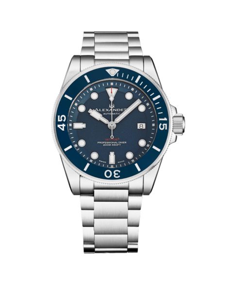 Мужские часы Alexander Vathos3 Swiss Made Diver Watch 43mm Silver Tone Stainless Steel Case Blue Dial Rotating Bezel Sapphire Crystal 200M Water Resistant