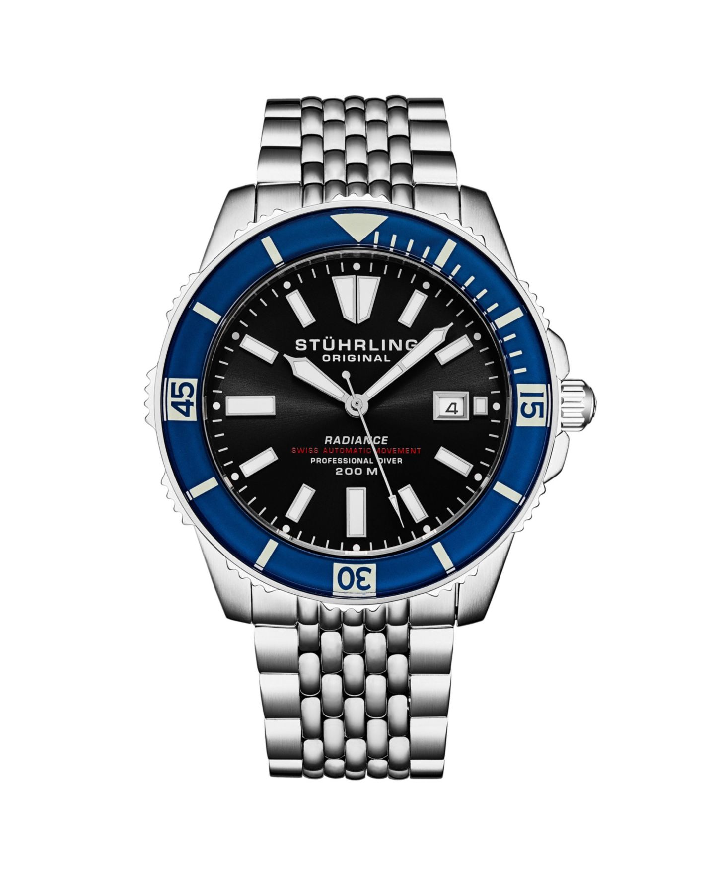 Мужские часы Stuhrling Men s Radiance Heritage 1006 43mm Swiss Automatic Diver Watch, Super-LumiNova Dial, Oyster-Style Bracelet, 200M WR, цвет: Серебряный — фото 1