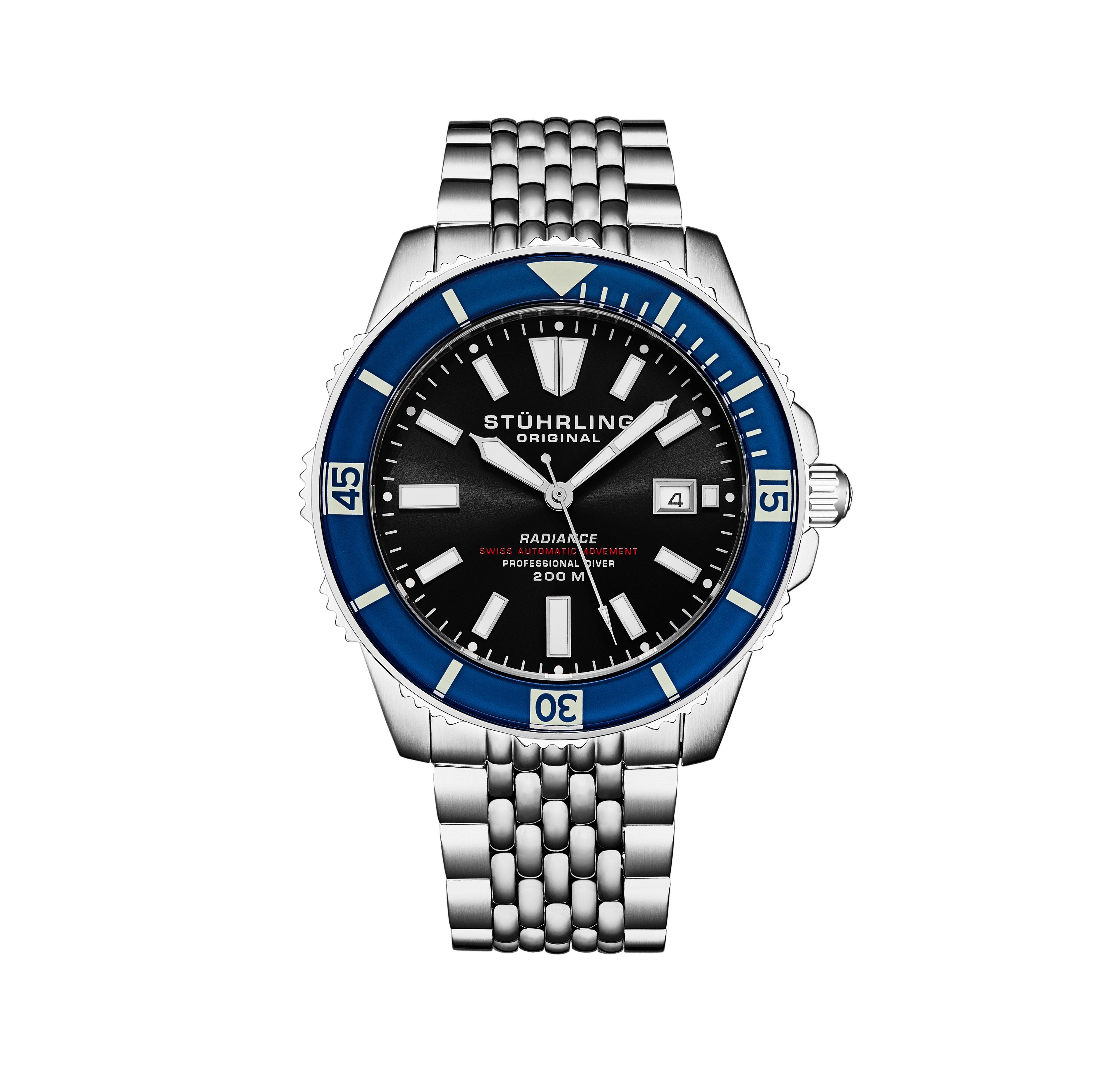 Stuhrling 1006 Men s Automatic Dive Watch Swiss Movement Black Dial Luminous Hands Unidirectional Bezel Stainless Steel Beaded Bracelet Date Window