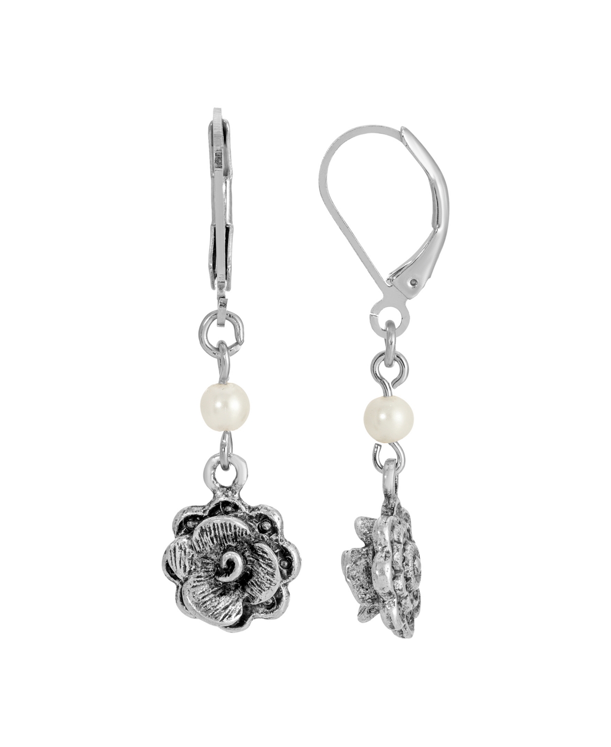 2028 Imitation Pearl Flower Drop Earrings In Silver