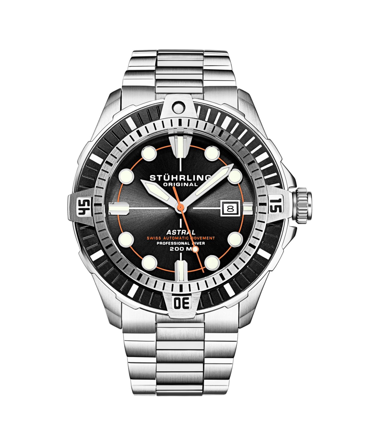 Мужские часы Stuhrling Men s Astral Diver 44mm Swiss Automatic Watch, Black Dial, Stainless Steel Bracelet, Rotating Bezel, 200M Water Resistant, цвет: Серебряный — фото 1