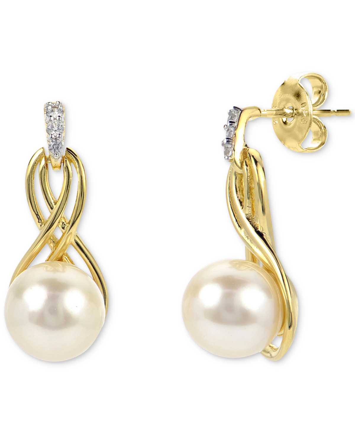 Macy's Cultured Freshwater Pearl (7mm) & Lab-created White Sapphire (1/20 Ct. T.w.) Drop Earrings In 14k Go In Gold Over Silver