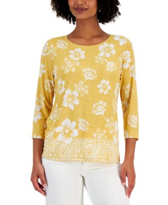 JM Collection - Women's Jacquard Blooms Printed Top