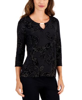 JM Collection - Petite Paisley Glitter Jacquard Keyhole Top