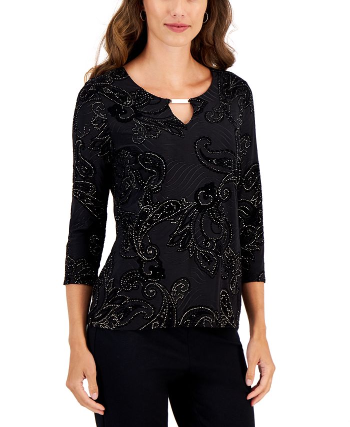 JM Collection Petite Paisley Glitter Jacquard Keyhole Top, Created for ...