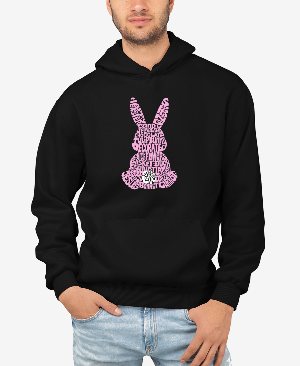 La Pop Art Men's Easter Bunny Word Art Long Sleeve Hooded Sweatshirt In Black