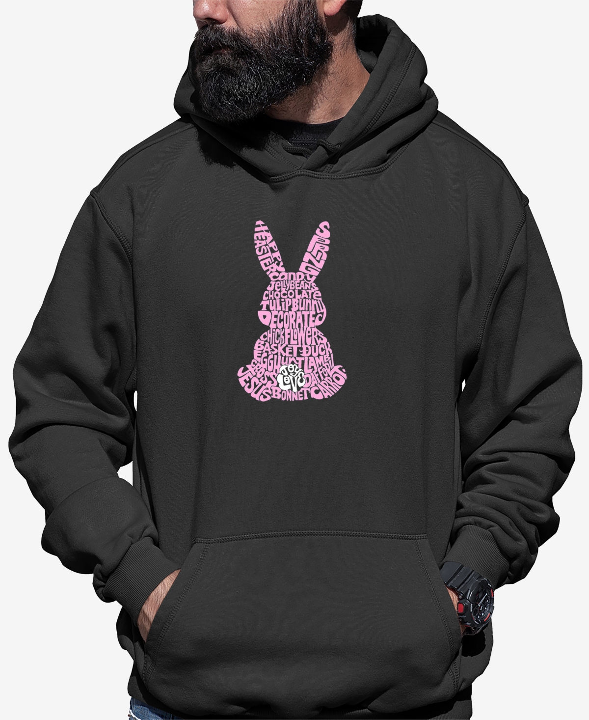 La Pop Art Men's Easter Bunny Word Art Long Sleeve Hooded Sweatshirt In Dark Gray