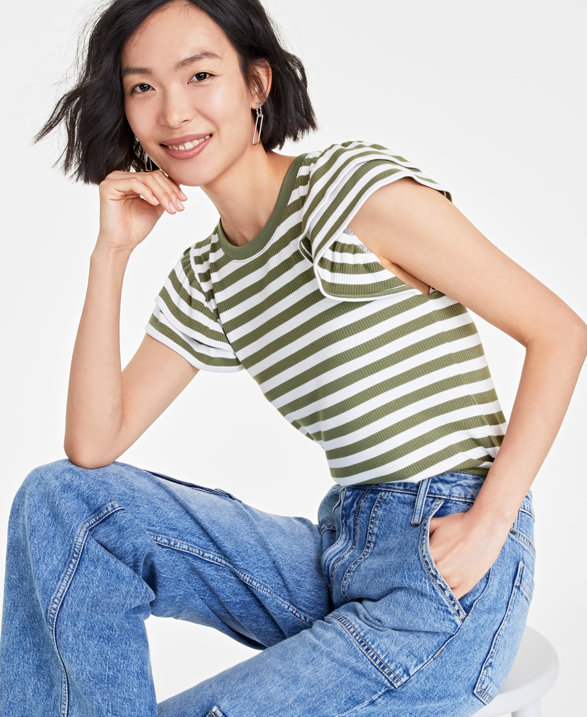 Women's Flutter-Sleeve Ribbed Top, Created for Macy's - Olivine Combo