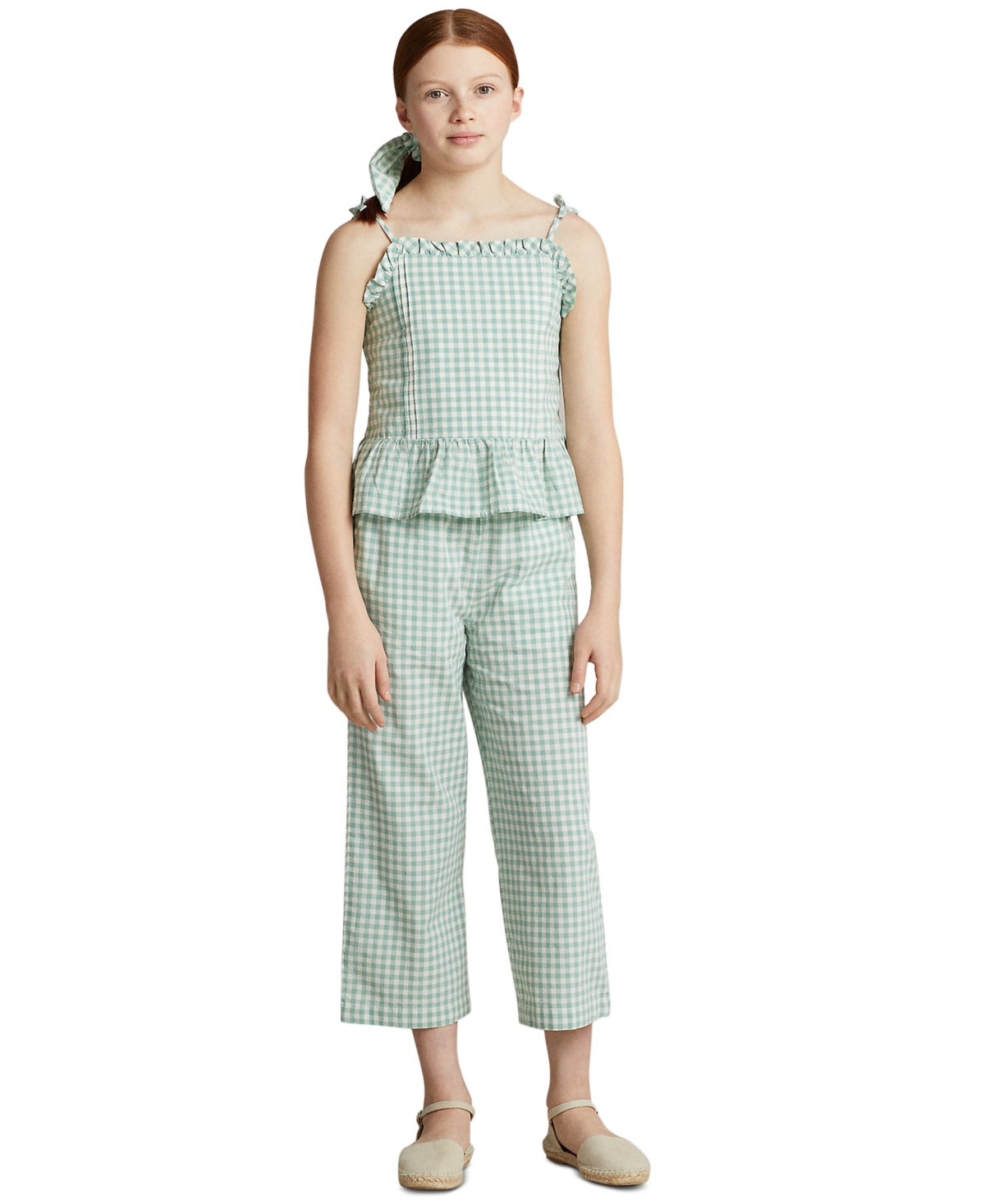 Polo Ralph Lauren Gingham Cropped Cotton Madras Pant In Faded Mint,deckwash White