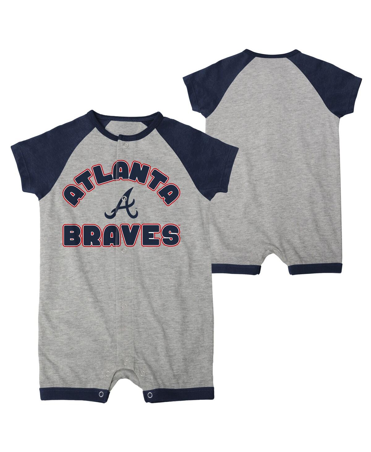 OUTERSTUFF NEWBORN AND INFANT BOYS AND GIRLS HEATHER GRAY ATLANTA BRAVES EXTRA BASE HIT RAGLAN FULL-SNAP ROMPER