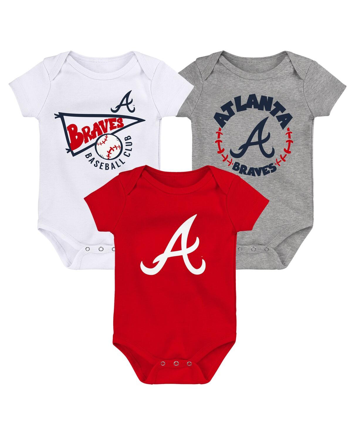 Outerstuff Infant Boys And Girls Red, White, Heather Gray Atlanta Braves Biggest Little Fan 3-pack Bodysuit Set In Red,white,heather Gray