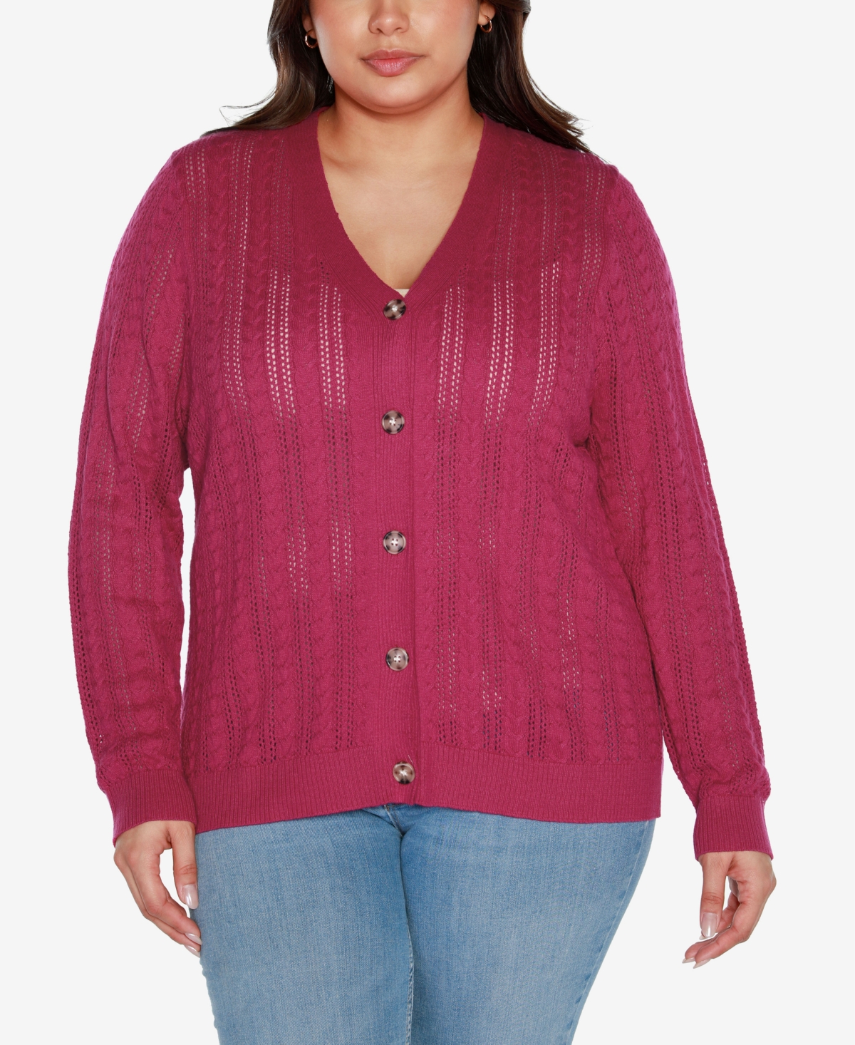 Black Label Plus Size Button-Front Sweater Cardigan - Raspberry Beret