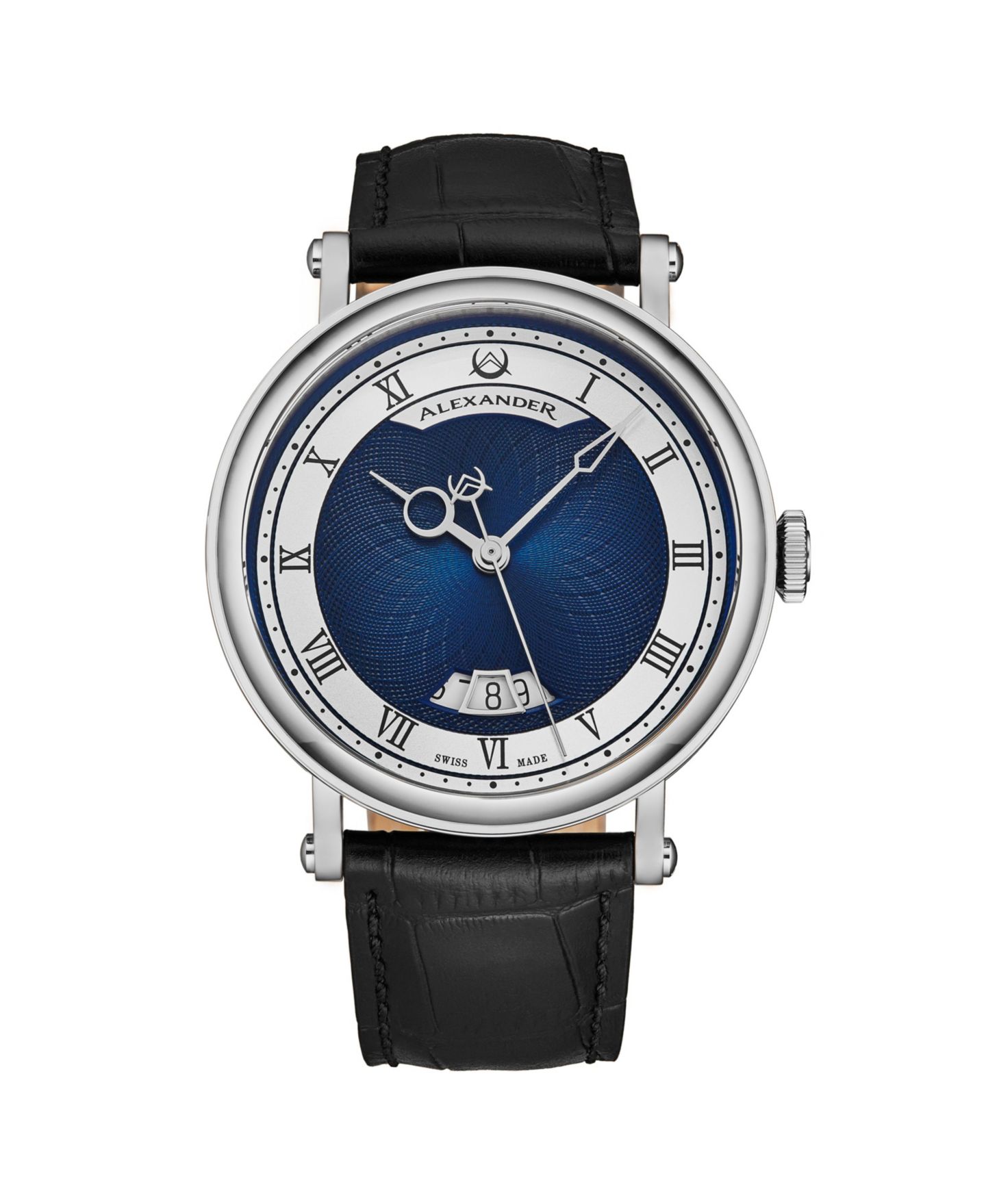 Мужские часы Alexander Triumph Swiss Automatic Watch 43mm Silver Tone Stainless Steel Case Blue Dial Sapphire Crystal Black Leather Strap 30M, цвет: Чёрный — фото 1