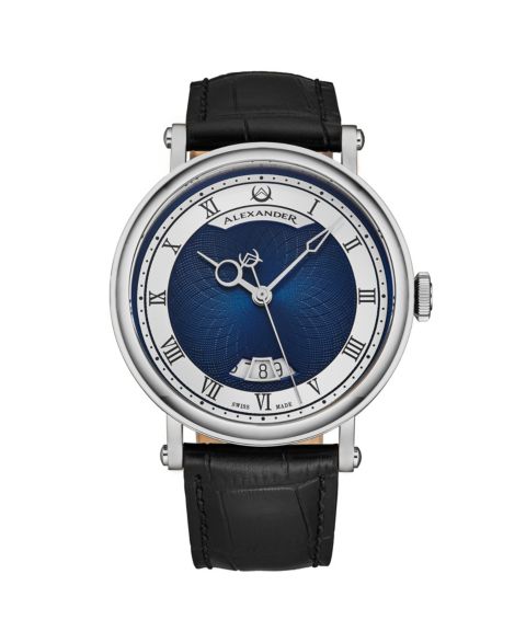 Мужские часы Alexander Triumph Swiss Automatic Watch 43mm Silver Tone Stainless Steel Case Blue Dial Sapphire Crystal Black Leather Strap 30M, цвет: Чёрный