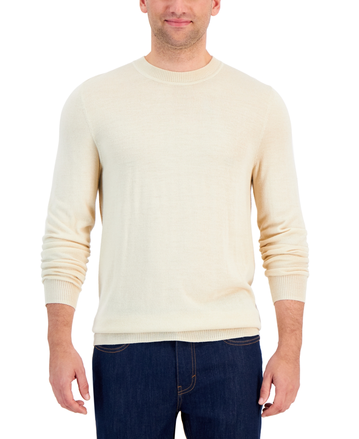 Men's Long-Sleeve Crewneck Merino Sweater, Created for Macy's - Brown Rice