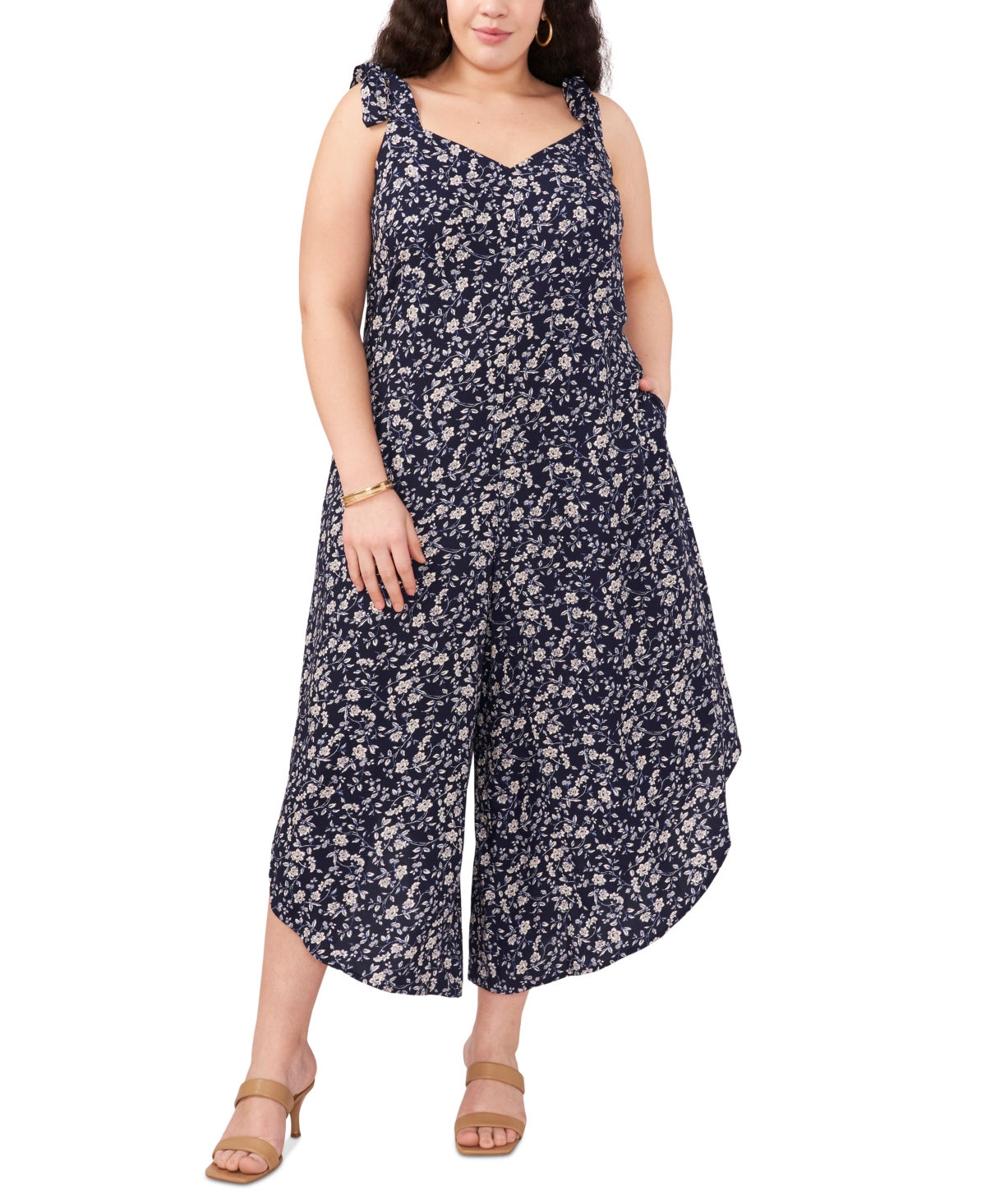 Vince Camuto Plus Size Floral Print Bow Strap Angled Hem Jumpsuit Classic Navy Smart Closet