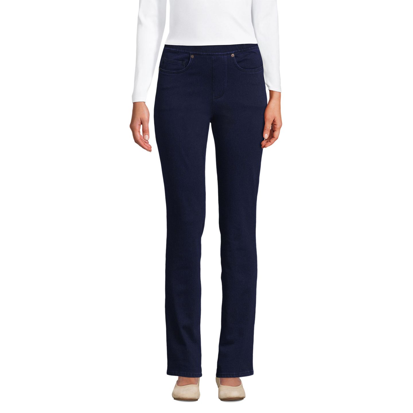 Женские джинсы Lands' End Petite Starfish Mid Rise Knit Denim Straight, цвет: Тёмный индиго — фото 3