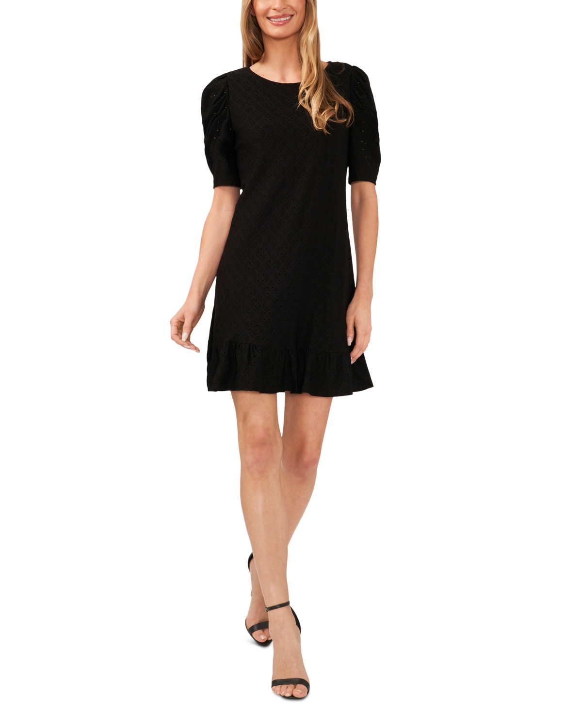 Cece Clip Dot Puff Sleeve Dress In Rich Black | ModeSens