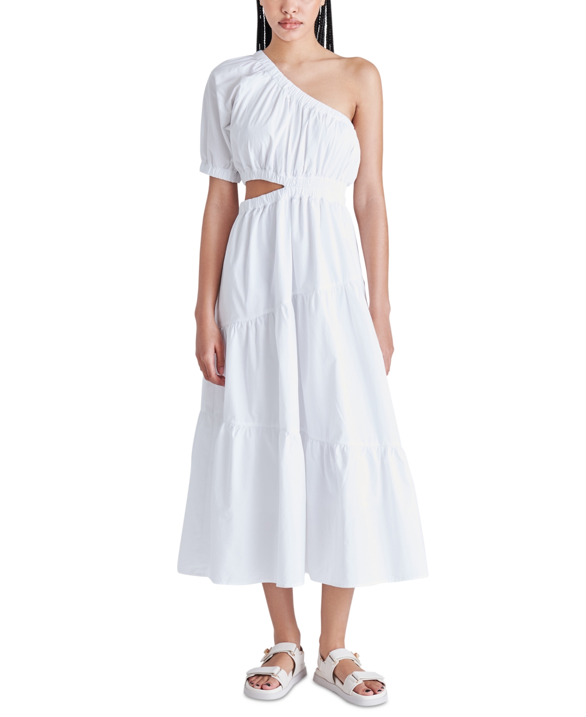 Steve Madden Leena Cutout One-shoulder Cotton Midi Dress In Optic White