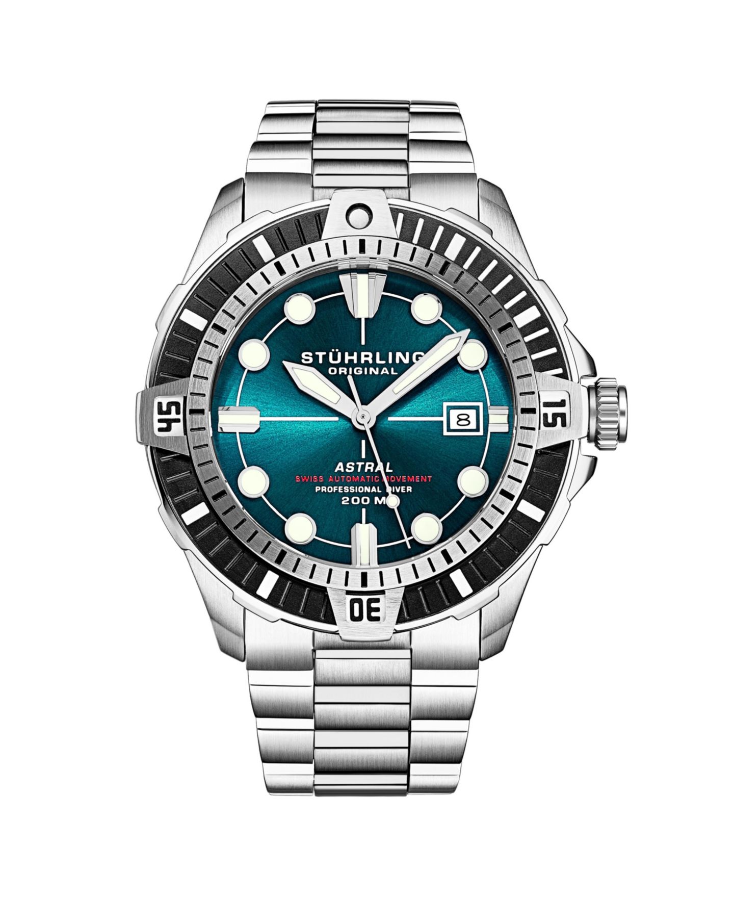 Мужские часы Stuhrling Astral Diver 44mm Swiss Automatic Watch, Teal Dial, Stainless Steel Bracelet, Rotating Bezel, 200M Water Resistant, цвет: Серебряный — фото 2