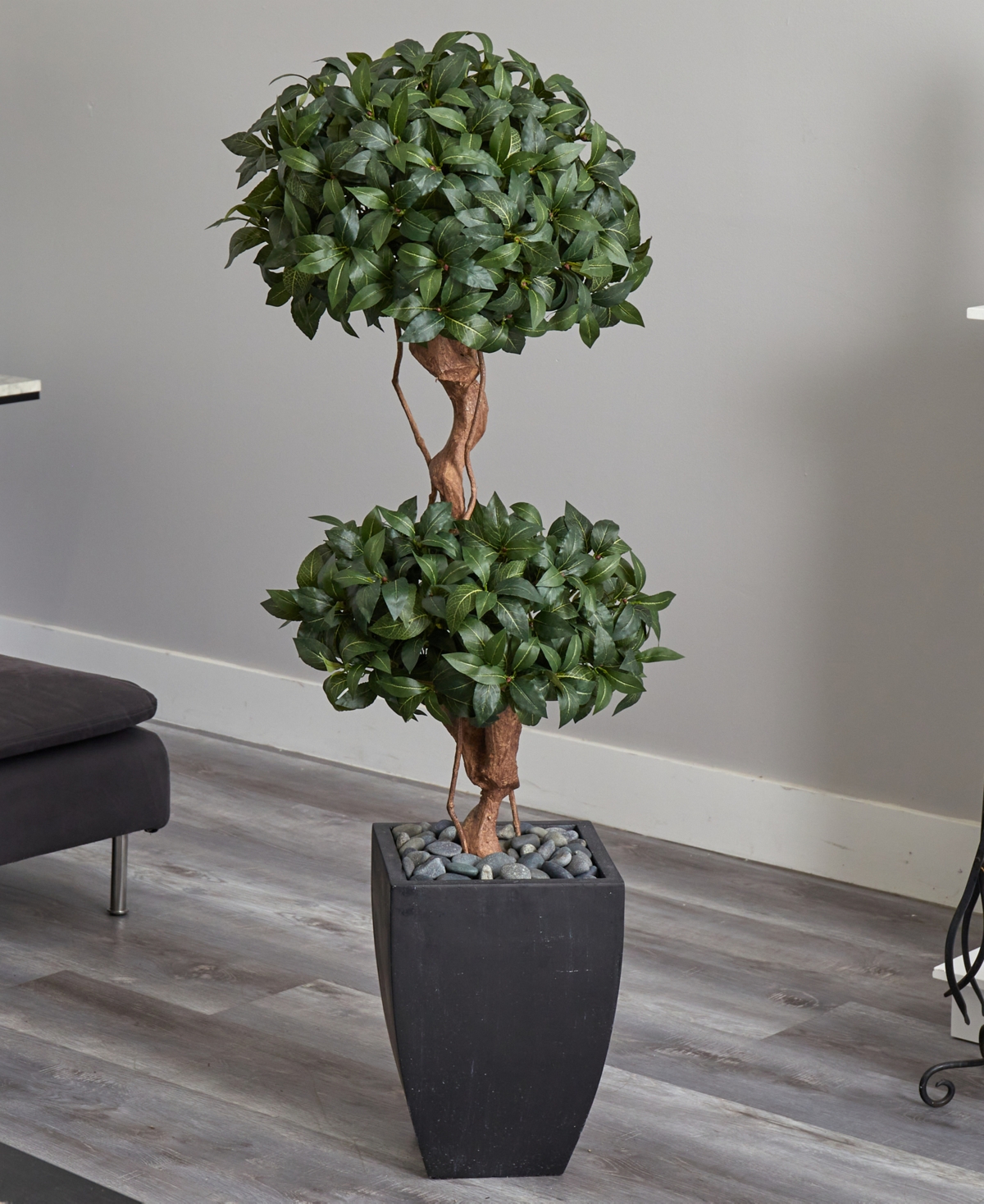 Nearly Natural 4.5' Sweet Bay Double Topiary Artificial Tree in Black-Washed Planter