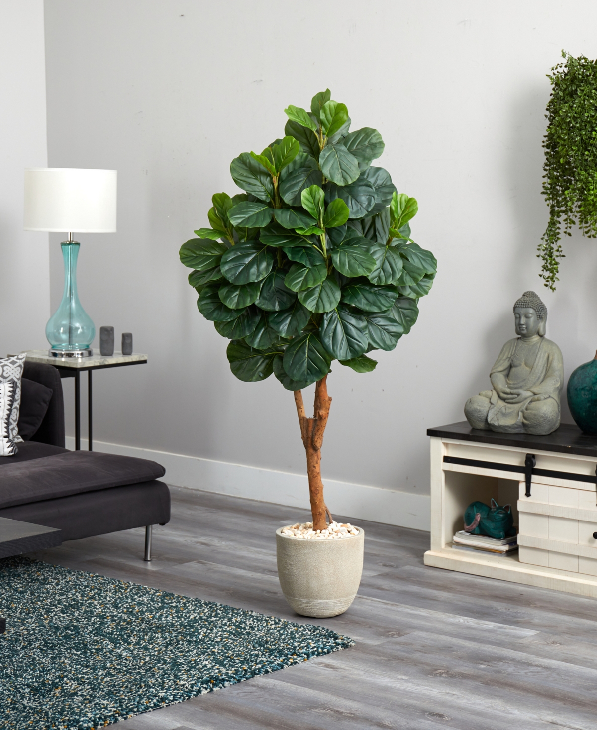 Nearly Natural Fiddle Leaf Fig Artificial Tree in Sand Stone Planter