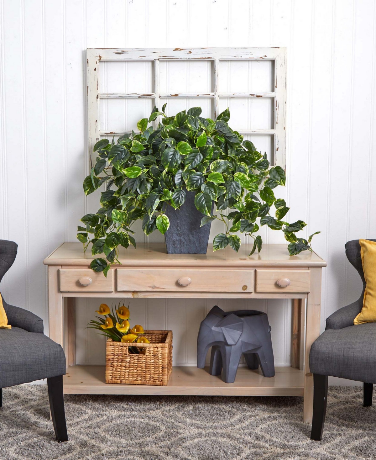 NEARLY NATURAL HANGING POTHOS W/ SLATE PLANTER UV RESISTANT 