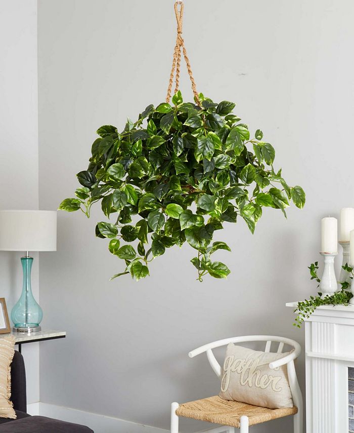 Nearly Natural Pothos UVResistant Indoor/Outdoor Artificial Plant Hanging Basket Macy's