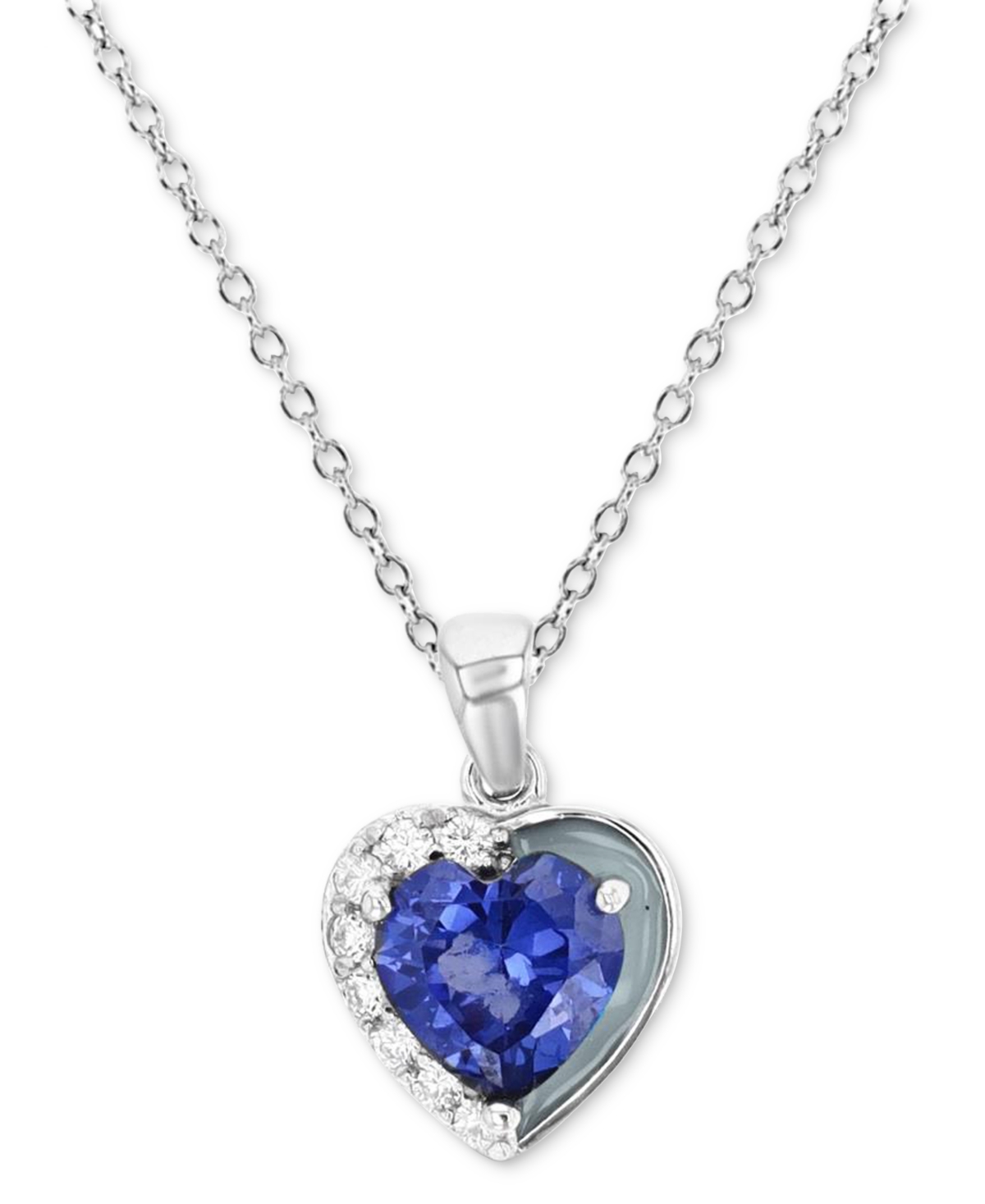 Macy's Cubic Zirconia & Gray Enamel 18" Heart Pendant Necklace In Sterling Silver In Blue