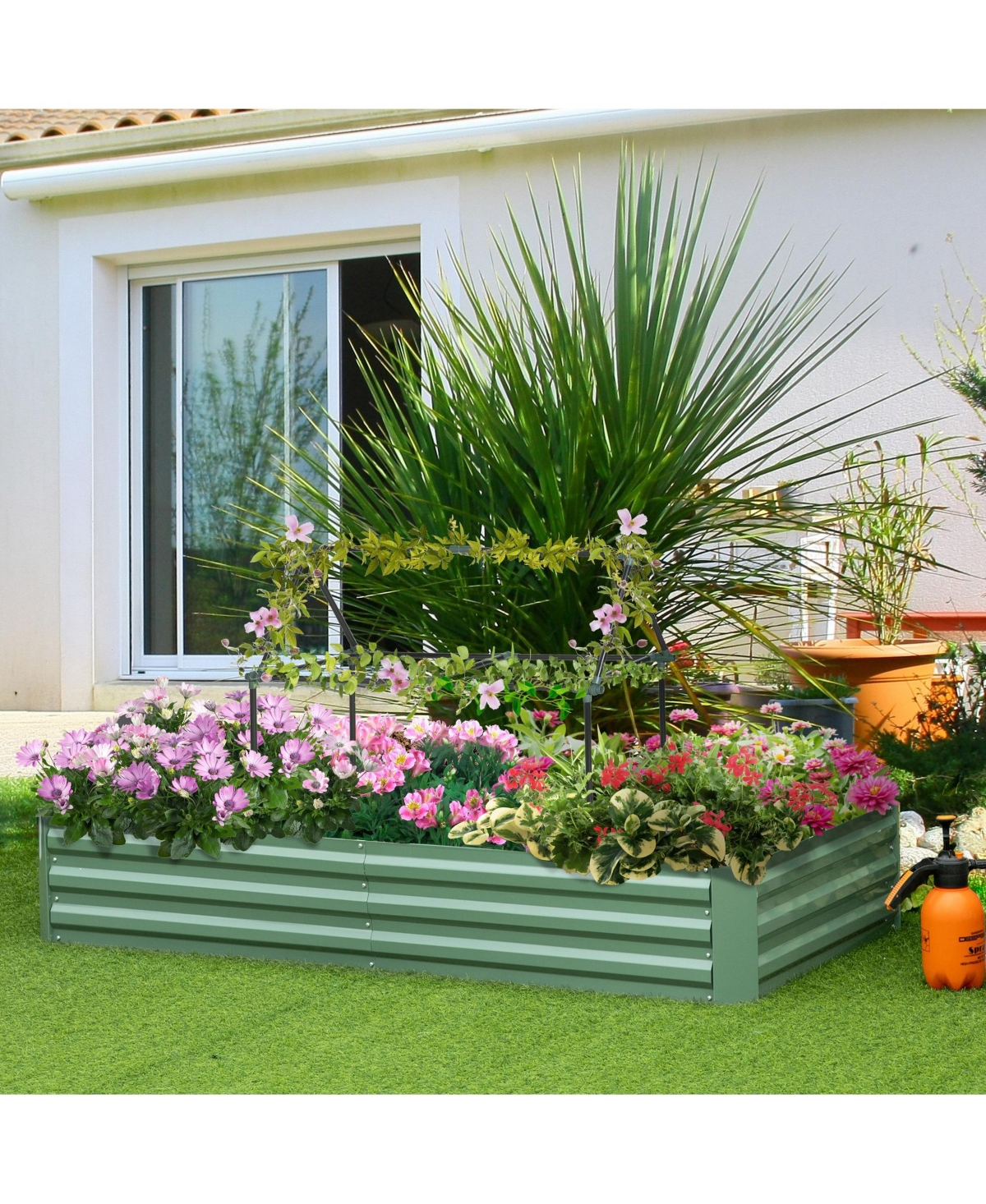 Outsunny Raised Garden Bed, Galvanized Elevated Planter Box with 2 Customizable Trellis Tomato Cages, Reinforced Rods, Elevated & Metal for Climbing V