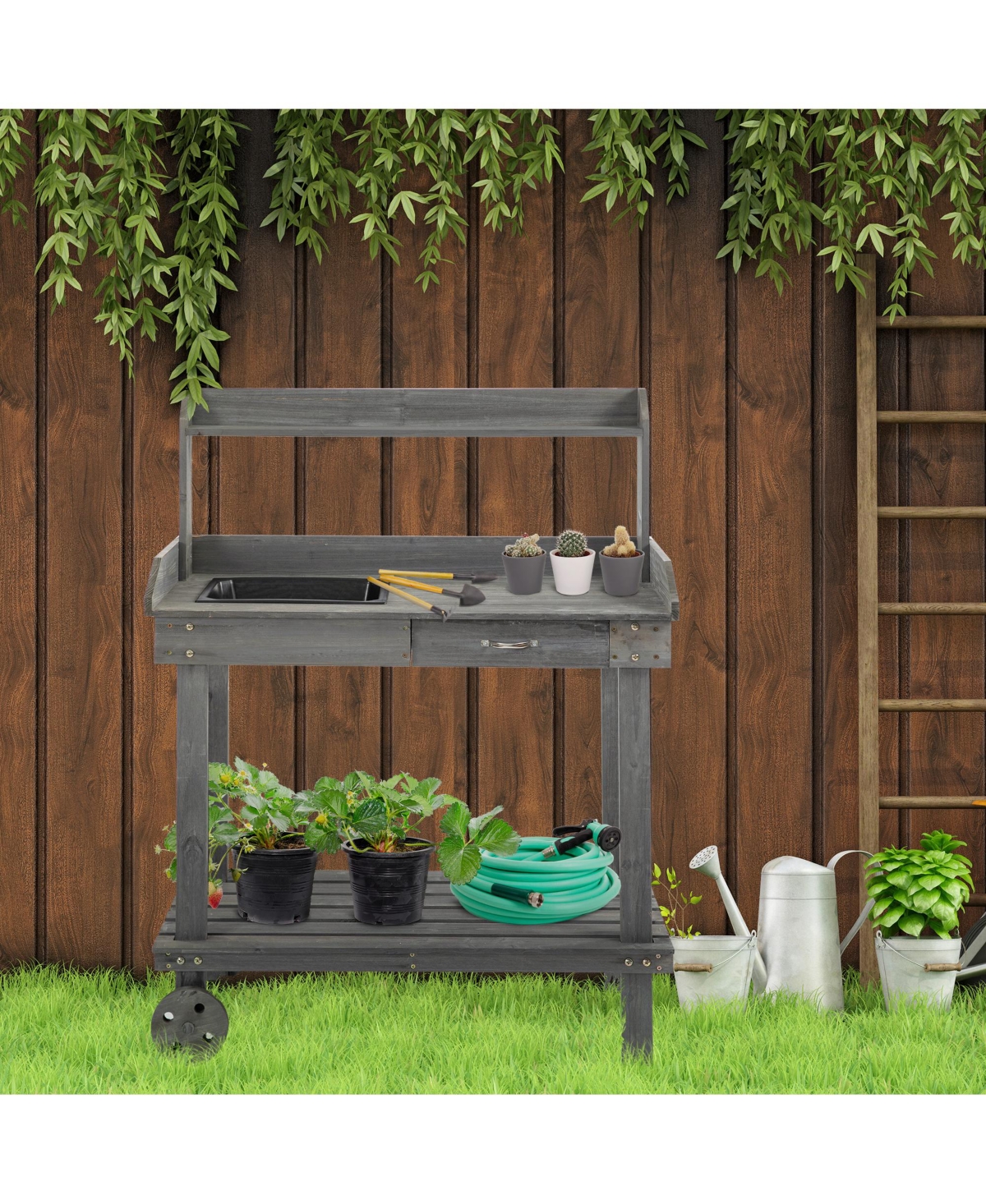 Outsunny 36'' Wooden Potting Bench Work Table with 2 Removable Wheels, Sink, Drawer & Large Storage Spaces, Gray