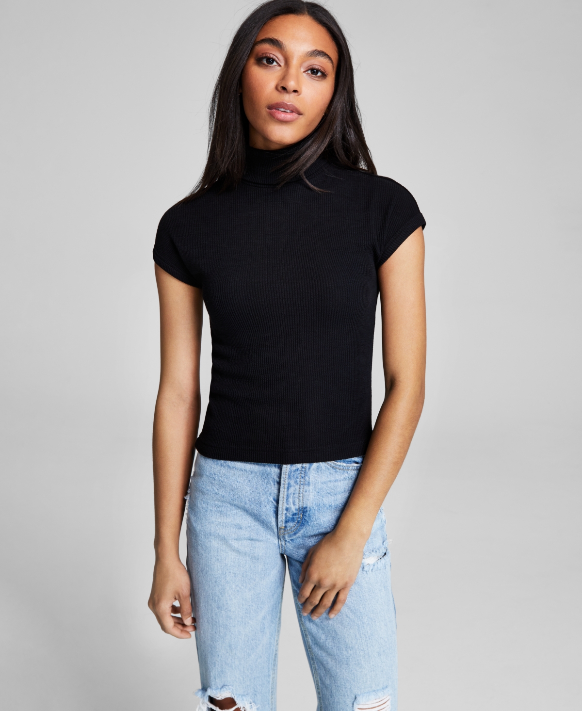 And Now This Women's Ribbed Cap-sleeve Turtleneck Top In Black