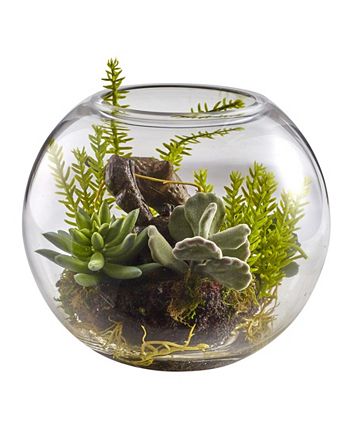 Nearly Natural - Mixed Succulent Artificial Garden with Glass Vase