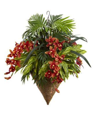 Nearly Natural - Mixed Tropical & Cymbidium Artificial Plants Hanging Basket