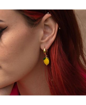 18k Gold Plated Huggies Freshwater Pearls with a Yellow and Green Lemon Charm  - Lemonade Earrings For Women