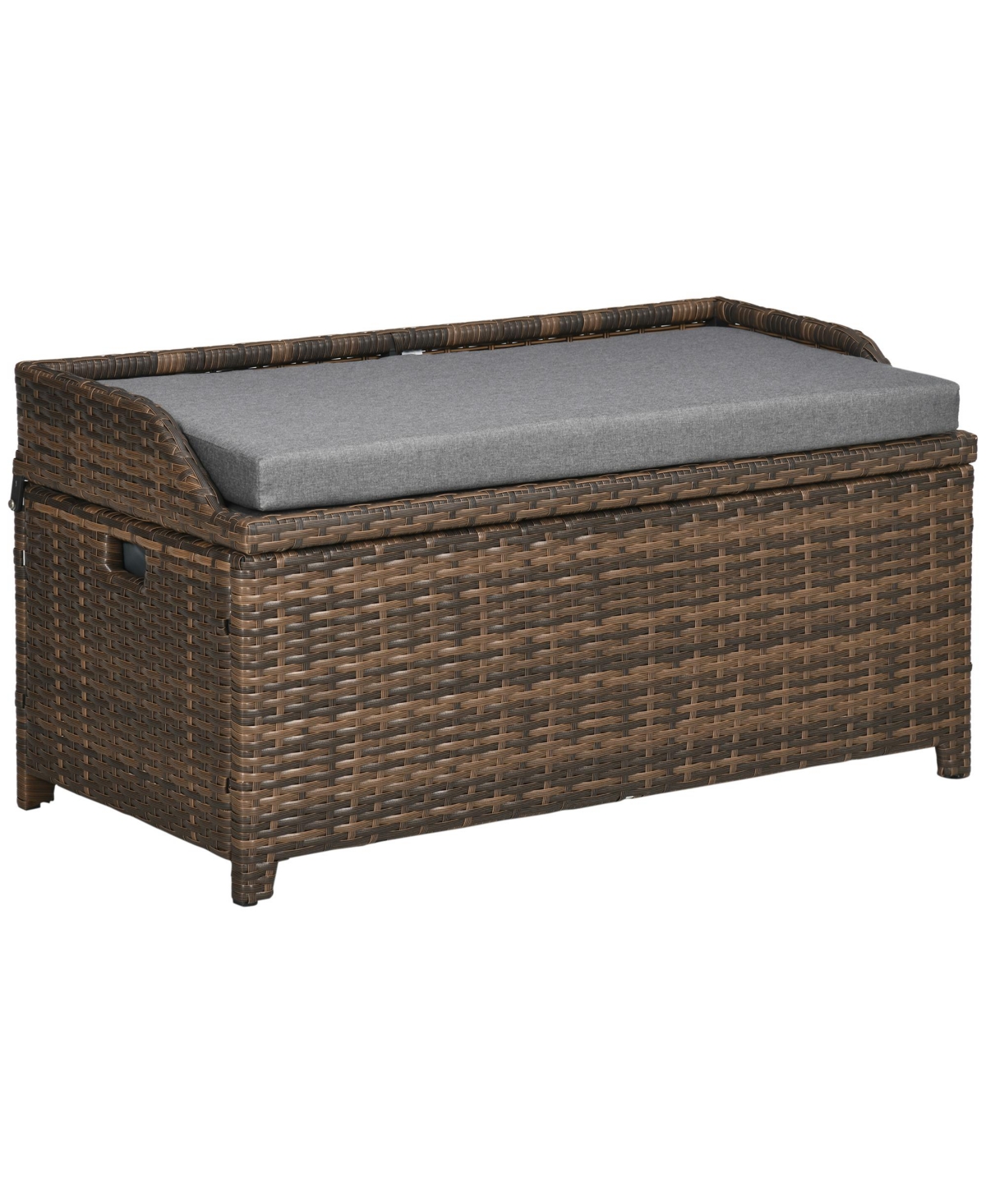 Patio Wicker Storage Bench, Cushioned Outdoor Pe Rattan Patio Furniture, Air Strut Assisted Easy Open, Two-In-One Seat Box with Handles Seat,