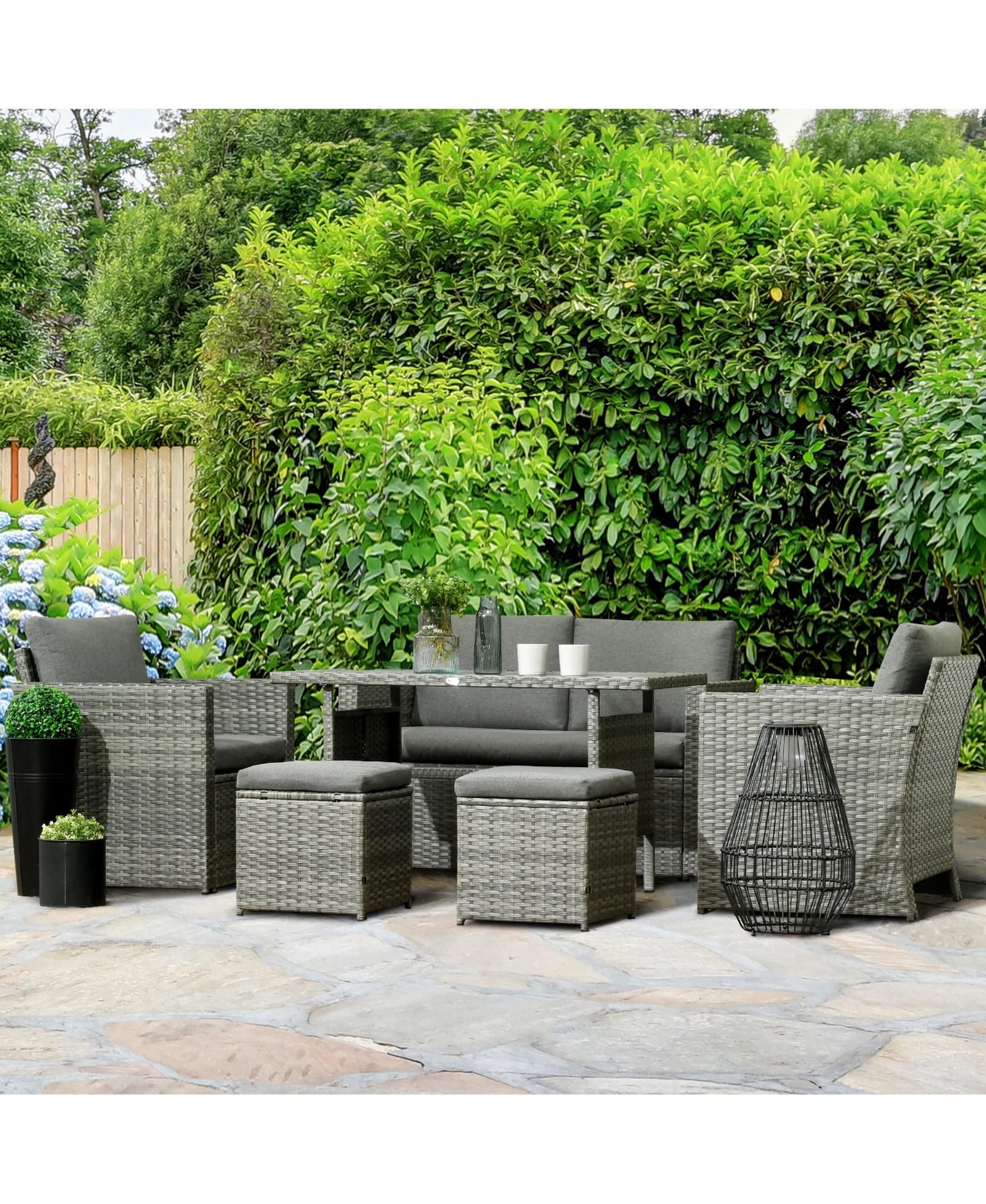 Outsunny 6 Pieces Patio Dining Set, Pe Rattan Furniture Set with 2 Chairs Cushions & Outdoor Loveseat Sofa, Woodgrain Slatted Dinner Table, Mixed