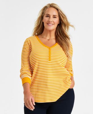 Style & Co - Plus Size Maryam Stripe Waffle-Knit Henley Long-Sleeve Top