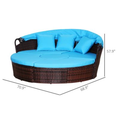 4-Piece Rattan Patio Furniture Set, Round Convertible Daybed or Sunbed with Adjustable Sun Canopy, Sectional Sofa, 2 Chairs, Table, 3 Pillows, Blue