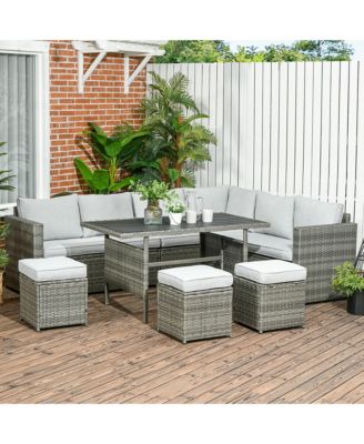 7 Piece Patio Furniture Set, Outdoor L-Shaped Sectional Sofa with 3 Loveseats, 3 Ottoman Chairs, Outside Conversation Set with Dining Table, Cushions, Storage, Mixed Gray
