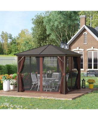 Patio Gazebo 10' x 10', Netting & Curtains, Steel Slat Rain Canopy, Hardtop Roof, Hanging Hooks, Rust Resistant Aluminum Frame for Outdoor, Gardens, Lawns - Coffee Brown