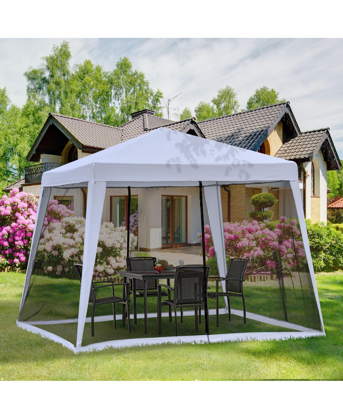 Outsunny 10'x10' Outdoor Party Tent Canopy with Mesh Sidewalls, Patio Gazebo Sun Shade Screen Shelter,- Grey