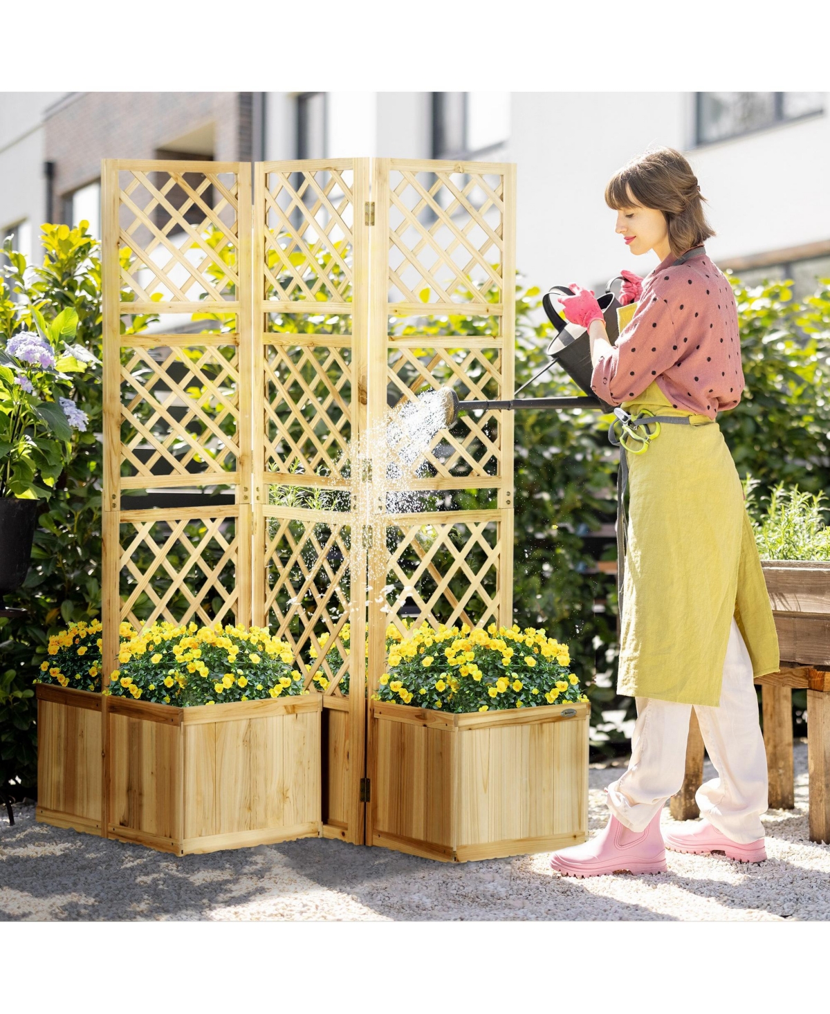 Outsunny Freestanding Outdoor Privacy Screen with 4 Self-Draining Raised Garden Beds, 3 Hinged Privacy Panels for Hot Tub, Pool, Patio, Backyard, Deck