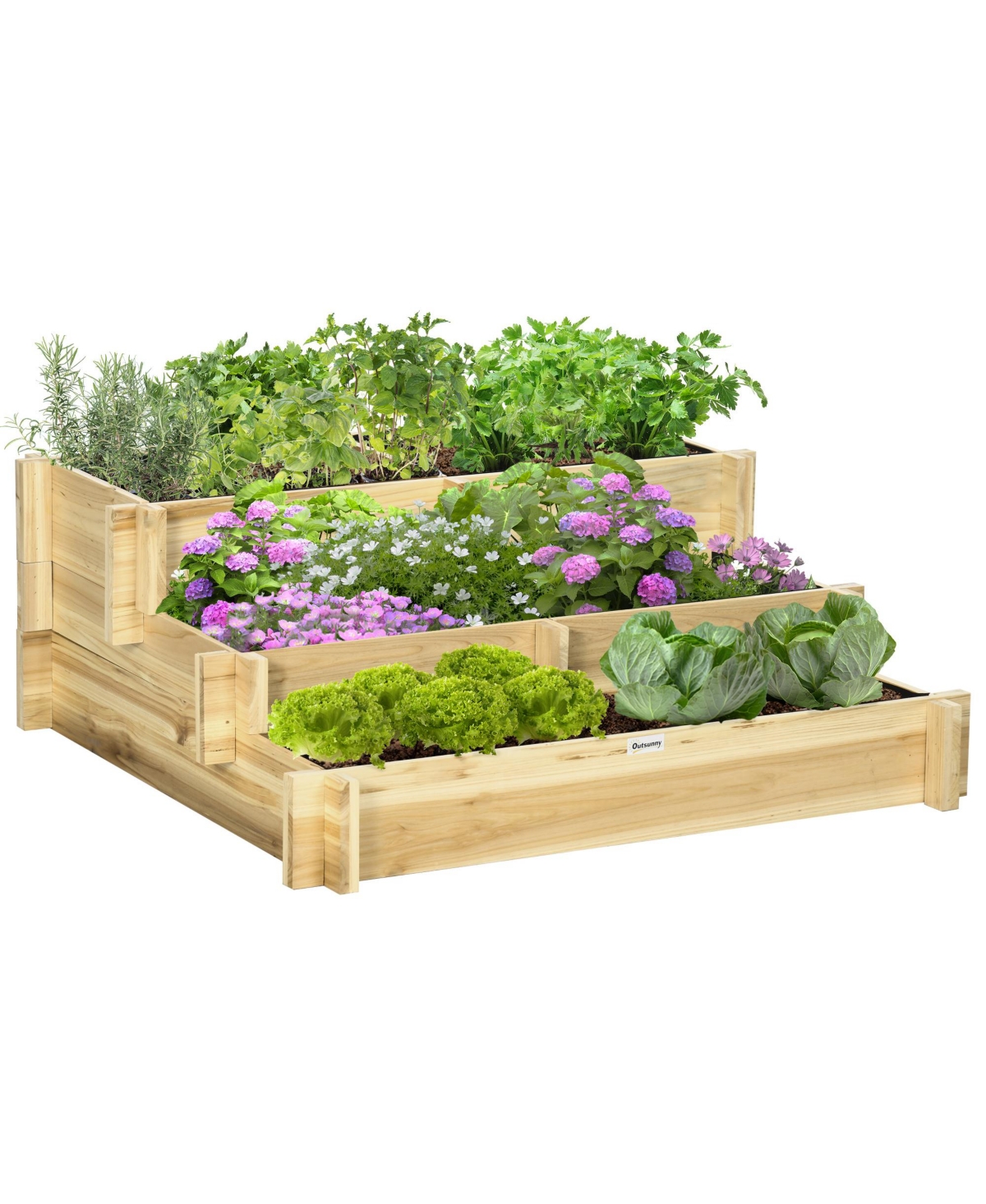 3-Tier Raised Garden Bed, Water Draining Fabric for Soil, Elevated Wood Flower Box for Vegetables, Herbs, Outdoor Plants, Natural - Natural w