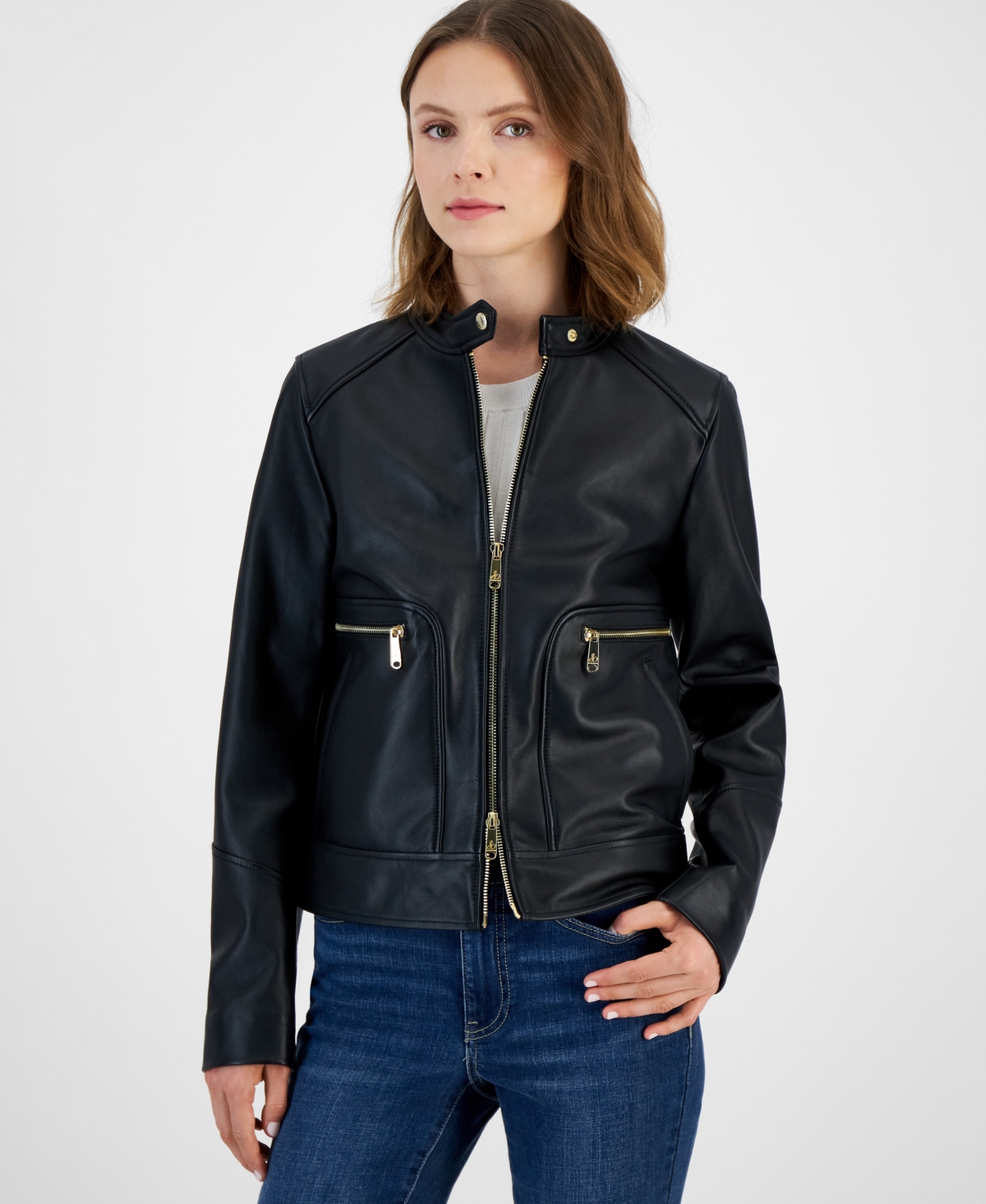 Sam Edelman Women's Leather Snap-collar Jacket In Black