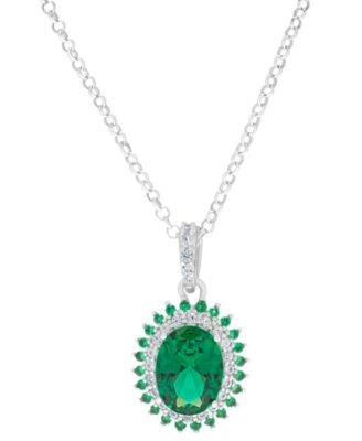 Macy's - Green Quartz (3/8 ct. t.w.) & Lab-grown White Sapphire (1/5 ct. t.w.), & Lab-grown Green Stone Oval Halo 18" Pendant Necklace in Sterling Silver