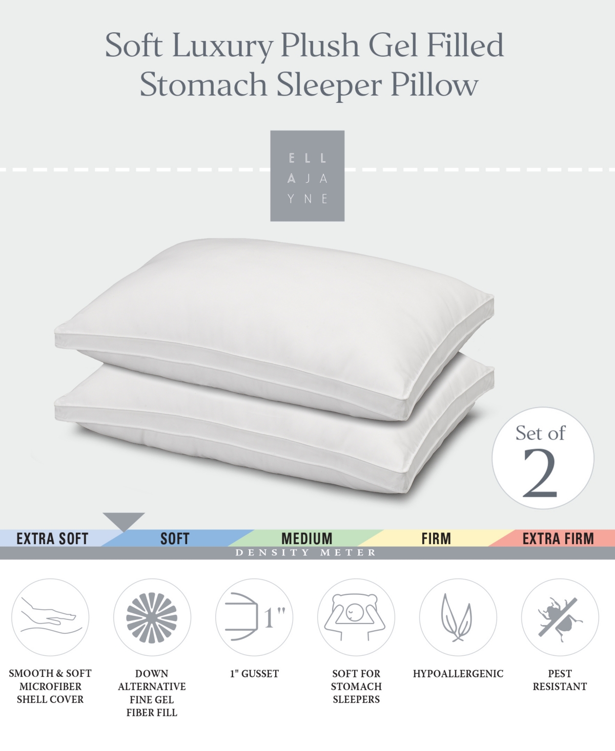 Ella Jayne Gusseted Soft Plush Down Alternative Stomach Sleeper 2-Pack Pillow