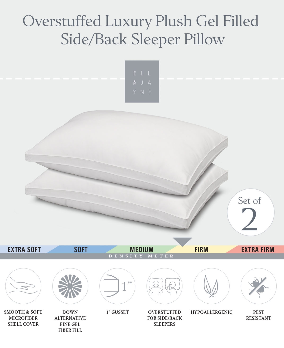 Ella Jayne Gusseted Firm Plush Down Alternative Side/Back Sleeper -Pack Pillow