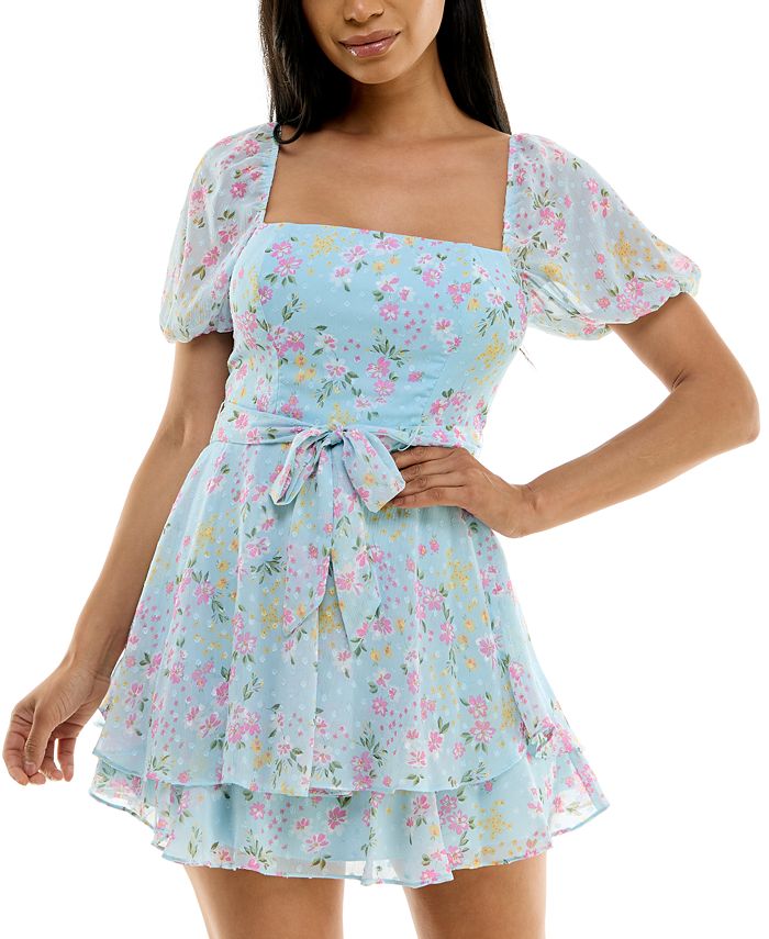 B Darlin Juniors' Floral-Print Puff-Sleeve Dress & Reviews - Dresses ...
